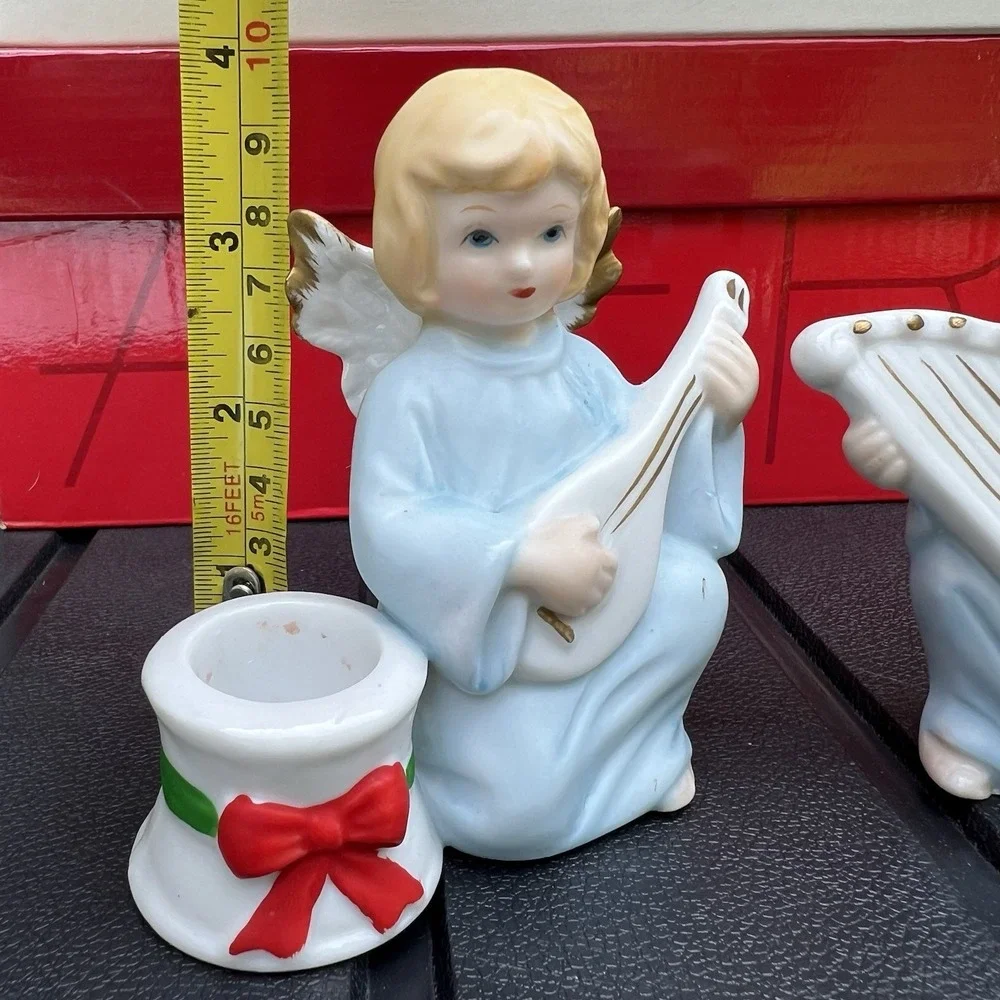 Vtg 1980s Porcelain Musical Angel Taper Candle Holders Aldon Hand Painted Taiwan